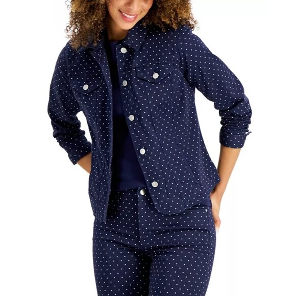 Charter Club Printed Denim Jacket Size L Large Blue White Dot Stretch - Picture 7 of 7